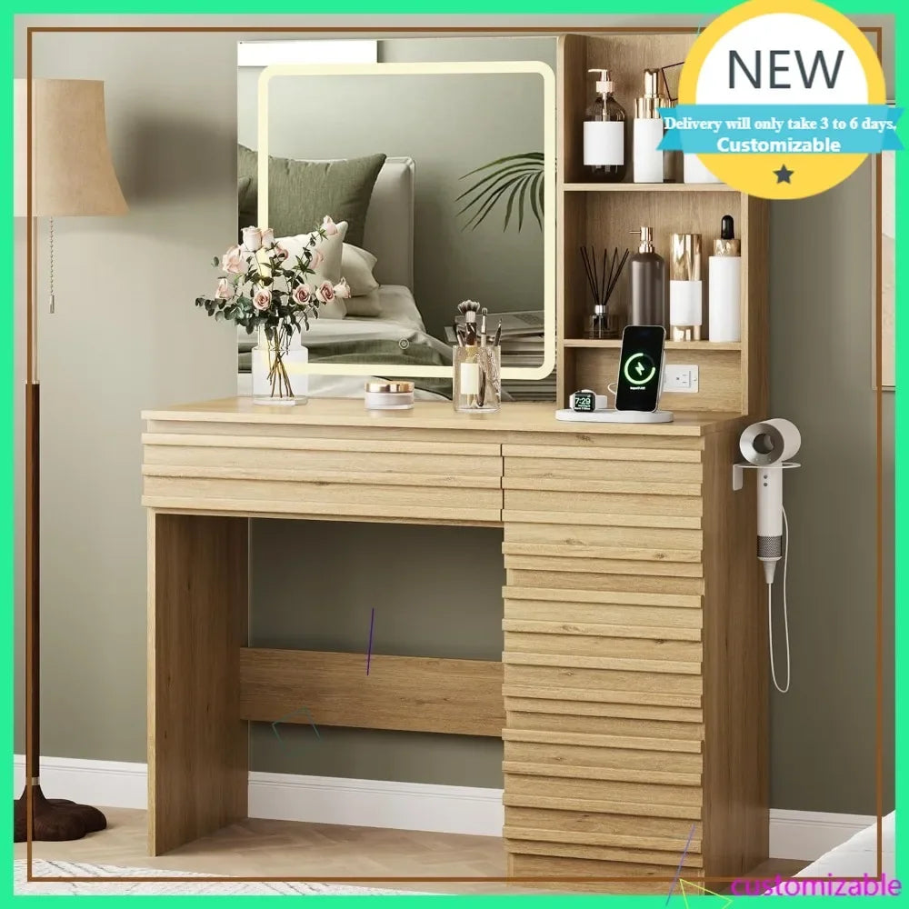LED Makeup Vanity with 4 Drawers & Open Shelves