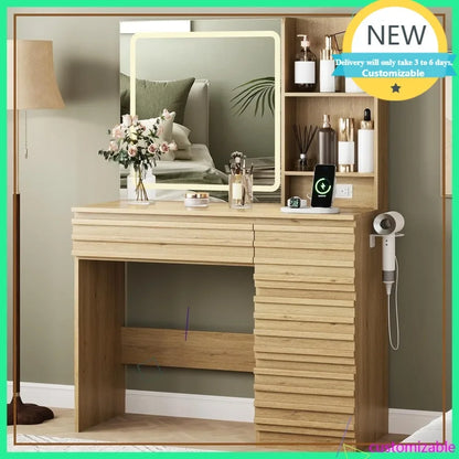LED Makeup Vanity with 4 Drawers & Open Shelves