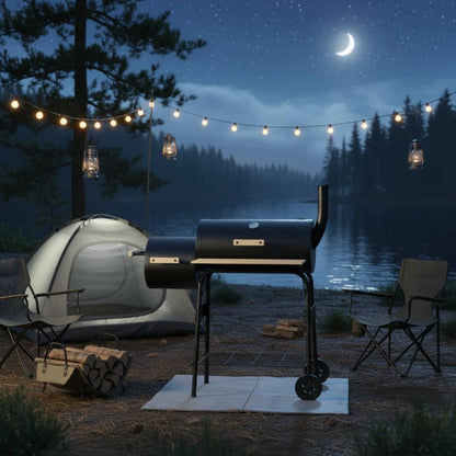 Two‑Chamber Barrel Charcoal Grill (Black, Wheeled, Outdoor BBQ)