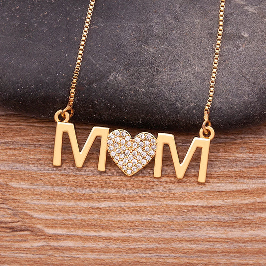 Nidin Luxury Fashion Letter "MOM" Inlaid Crystal Pendant Necklace Mother's Birthday Gift Woman Neck  Anniversary Jewelry