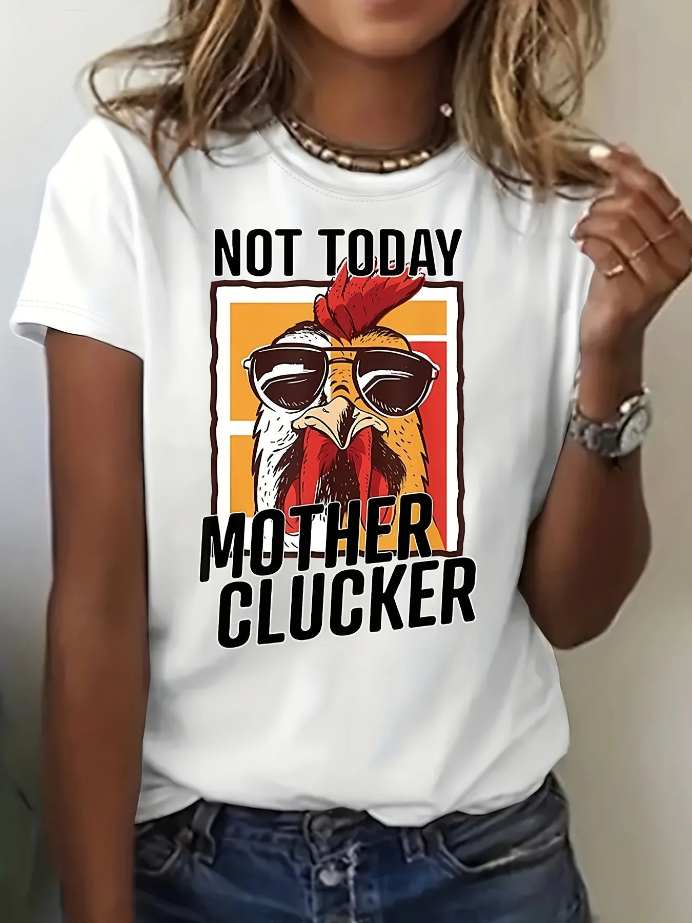 Letter & Chicken Print T-shirt, Casual Short Sleeve Crew Neck Top, Women's Clothing