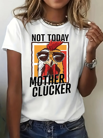 Letter & Chicken Print T-shirt, Casual Short Sleeve Crew Neck Top, Women's Clothing