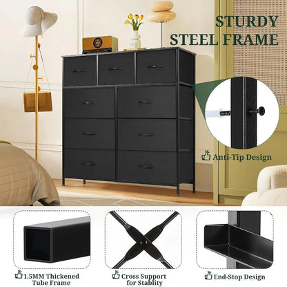 9‑Drawer Tall Bedroom Dresser with Wooden Top & Fabric Bins