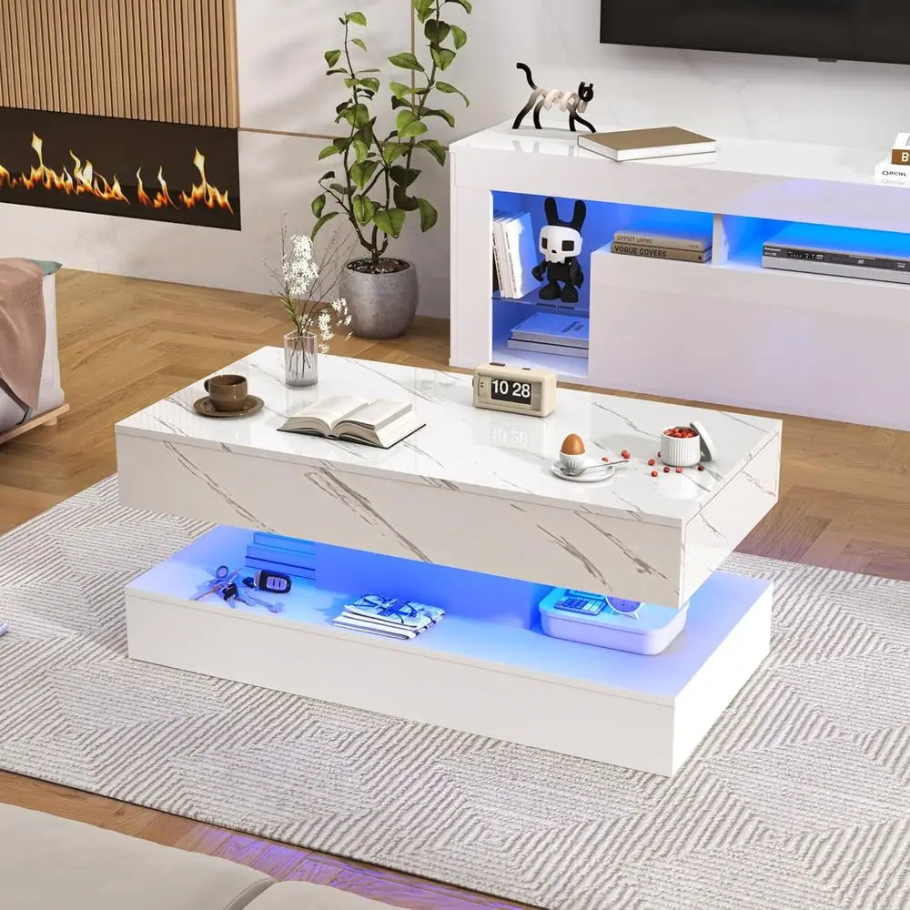 39.4" High‑Gloss LED Coffee Table with Sliding Drawers – Marble Print