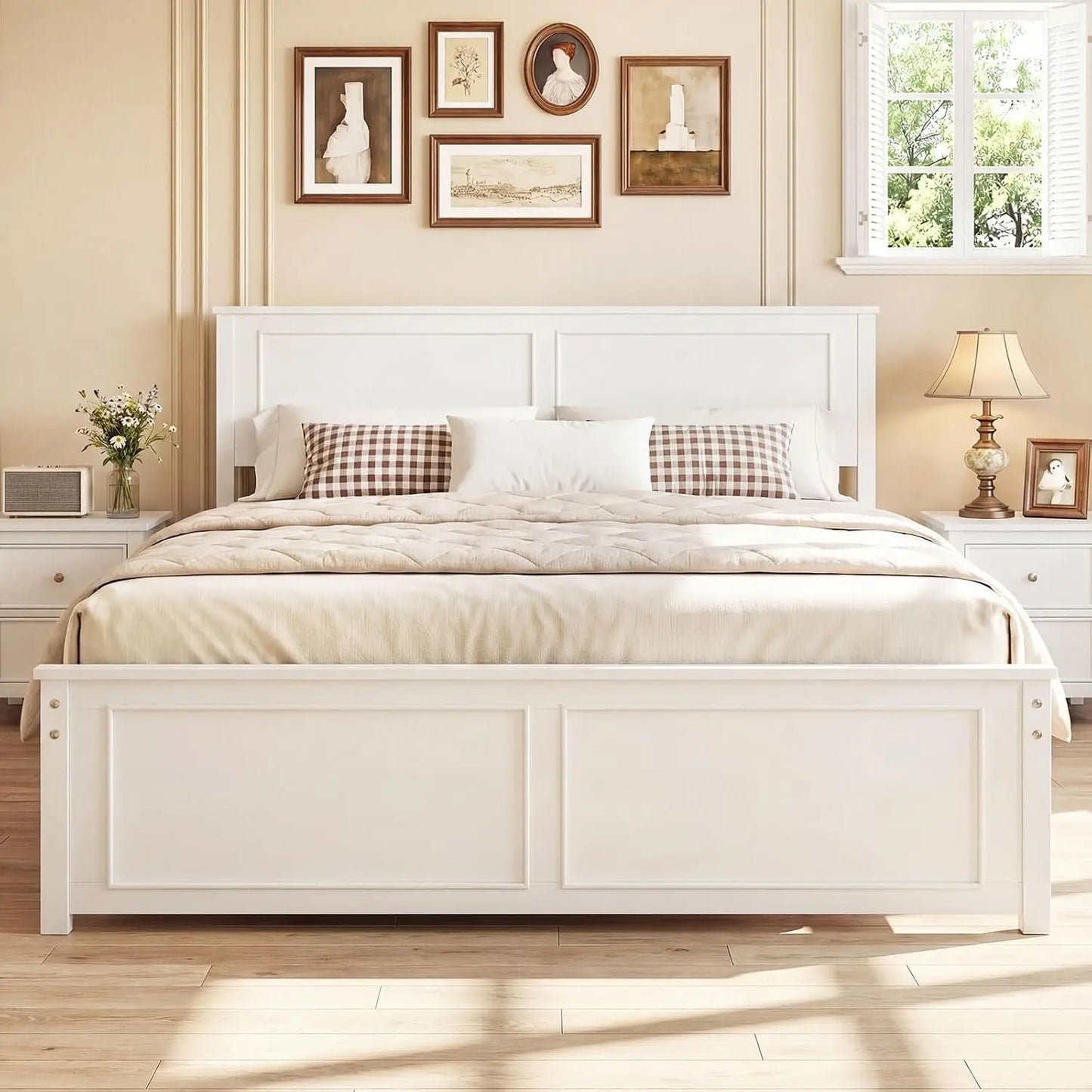 Queen Farmhouse Wood Platform Bed Frame with Headboard