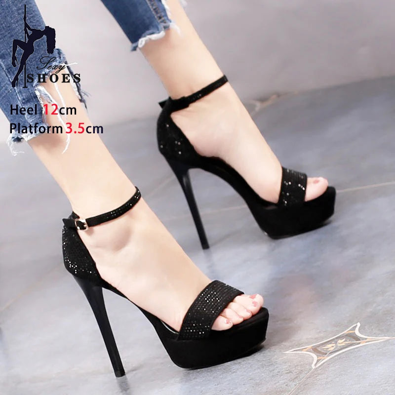 Elegant Gold Rhinestone Stiletto Sandals – 12CM Party & Wedding Heels