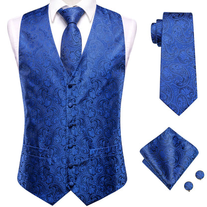 Hi-Tie 20 Color Silk Men's Vests Tie Slim Sleeveless Jacket Hanky Cufflink Waistcoat 4PC Suit
