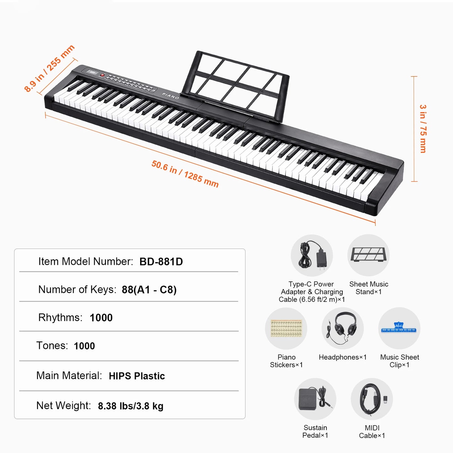 SucceBuy 88‑Key Digital Piano – Semi‑Weighted Full‑Size Portable Electric Keyboard, 1000 Tones for Beginners