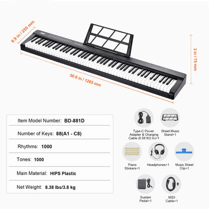 SucceBuy 88‑Key Digital Piano – Semi‑Weighted Full‑Size Portable Electric Keyboard, 1000 Tones for Beginners