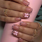 24Pcs French Pink Press on Nails Short Square Head Fake Nails with Flower Rhinestone Design Wearable Finished False Nail Tips