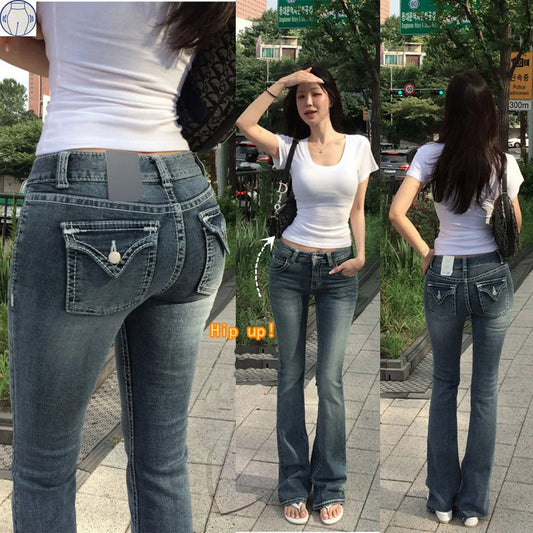 Gothic Buddha‑Head Women’s Y2K Jeans – Vintage Blue Baggy Low‑Waist Wide‑Leg Trousers with Hip‑Hop Pocket Embroidery