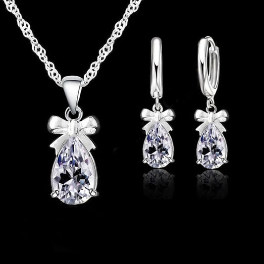 925 Sterling Silver Color with White Stone Cubic Zirconia Dangle Earring Pendant Necklace Woman Jewelry Set