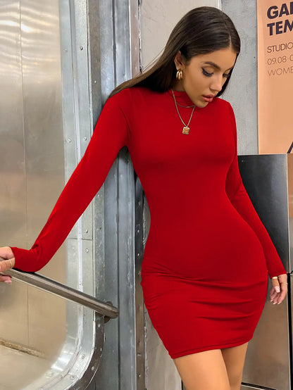 Women's Long Sleeve Slim Bodycon Turtleneck Pleated Short Mini Dress