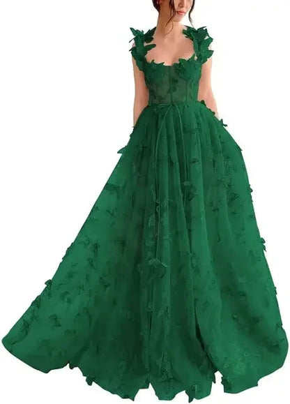 Elegant Corset Evening Gown with Tulle Skirt & 3D Butterfly Appliqués