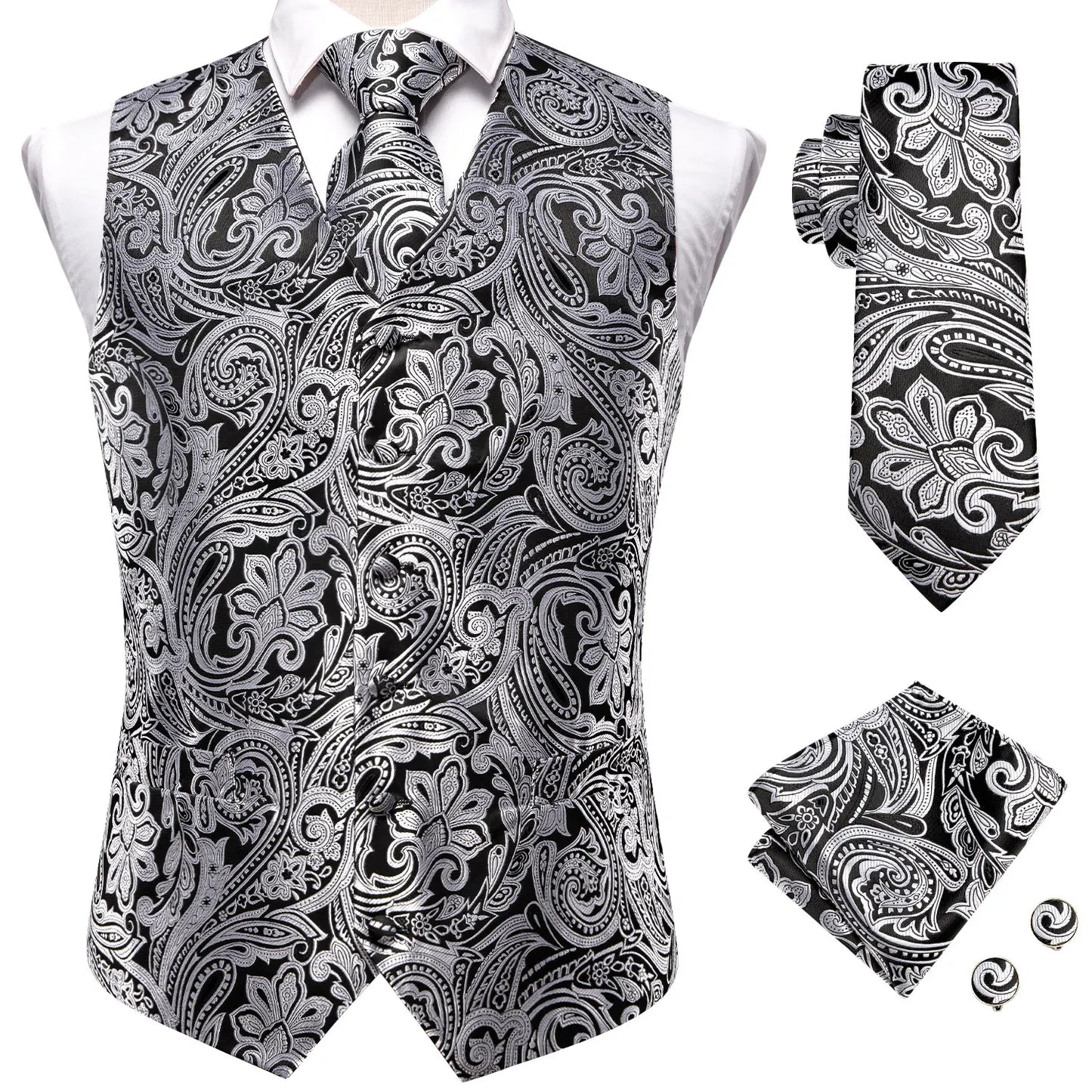Hi-Tie 20 Color Silk Men's Vests Tie Slim Sleeveless Jacket Hanky Cufflink Waistcoat 4PC Suit