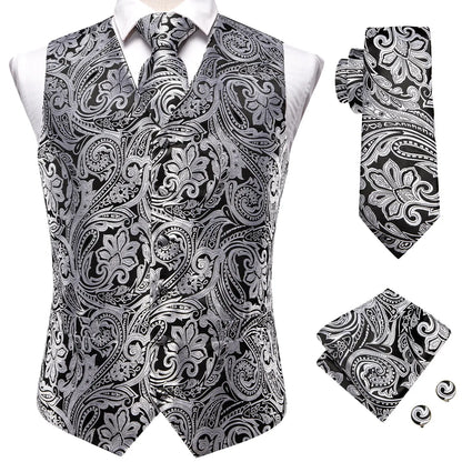 Hi-Tie 20 Color Silk Men's Vests Tie Slim Sleeveless Jacket Hanky Cufflink Waistcoat 4PC Suit