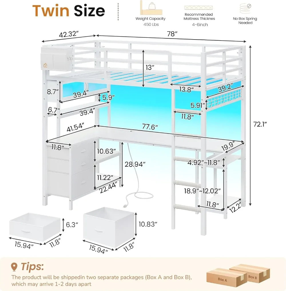 Twin Loft Bed w/ L‑Desk, Bookshelf, LED, Charging Station & Guardrail — White