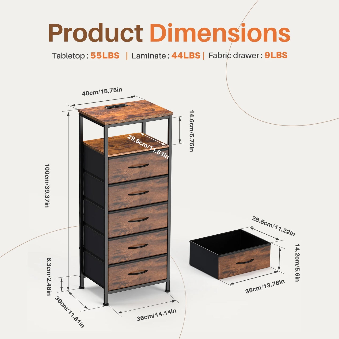 5‑Drawer Nightstand with Charging Station & USB Ports