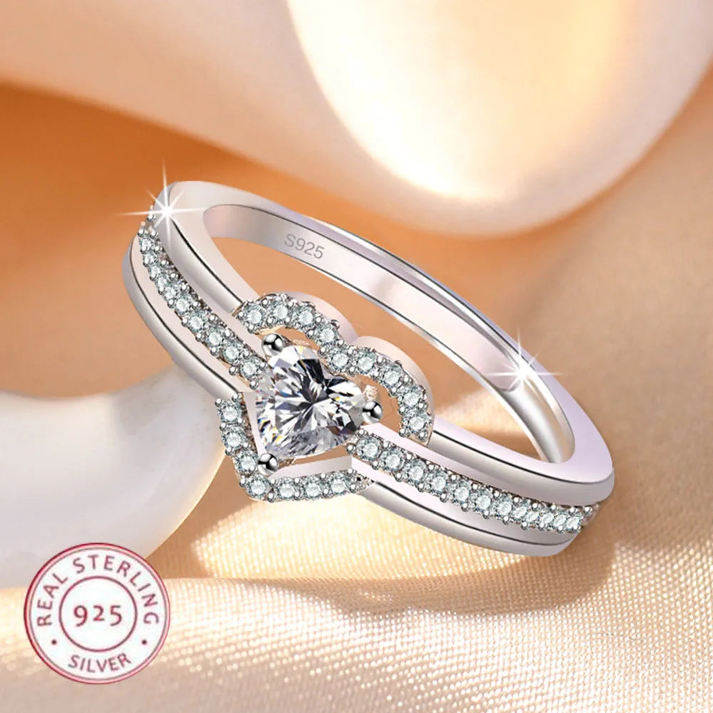 Hot 925 Sterling Silver Heart Ring Sparkle Zircon High Quality