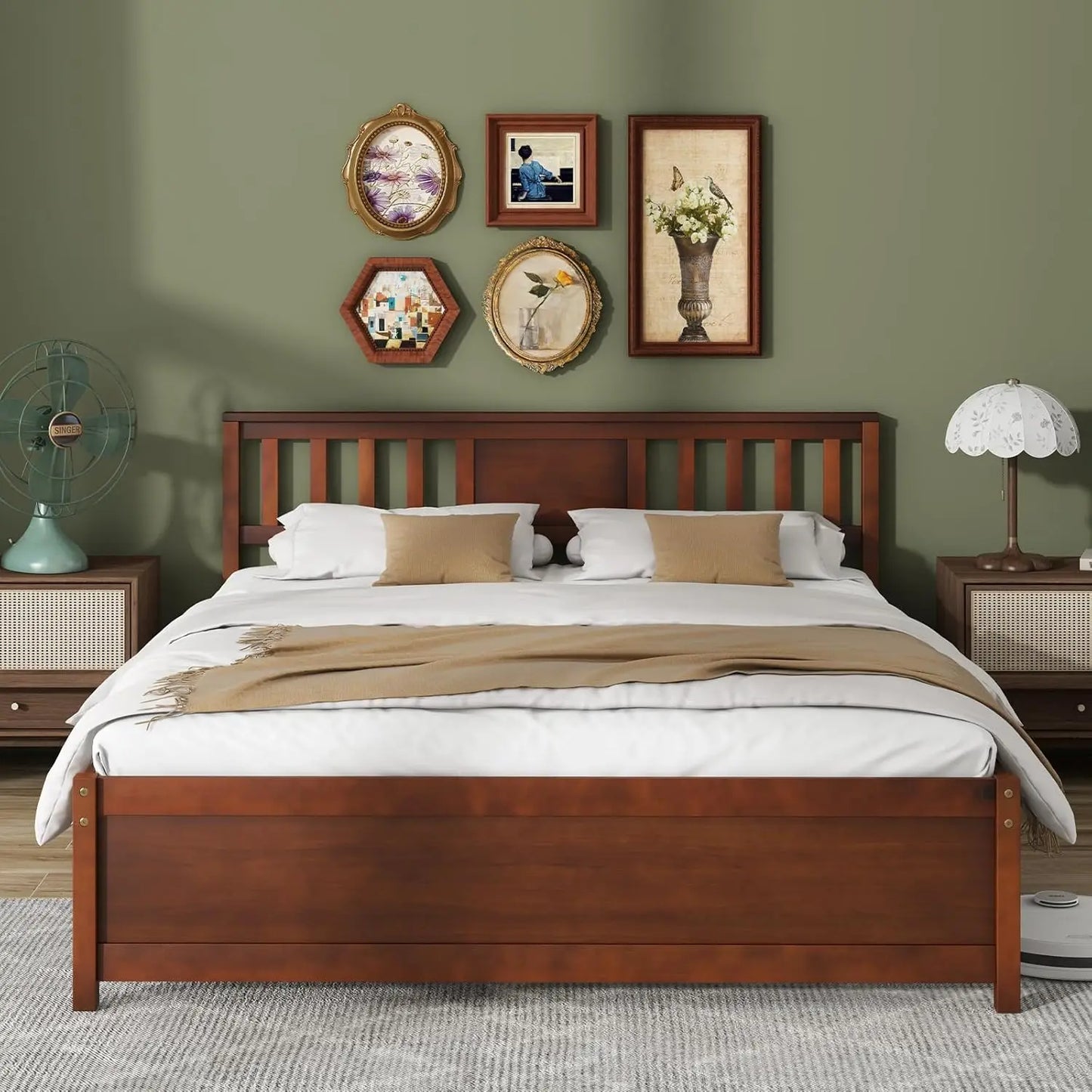 Queen Farmhouse Wood Platform Bed Frame with Headboard