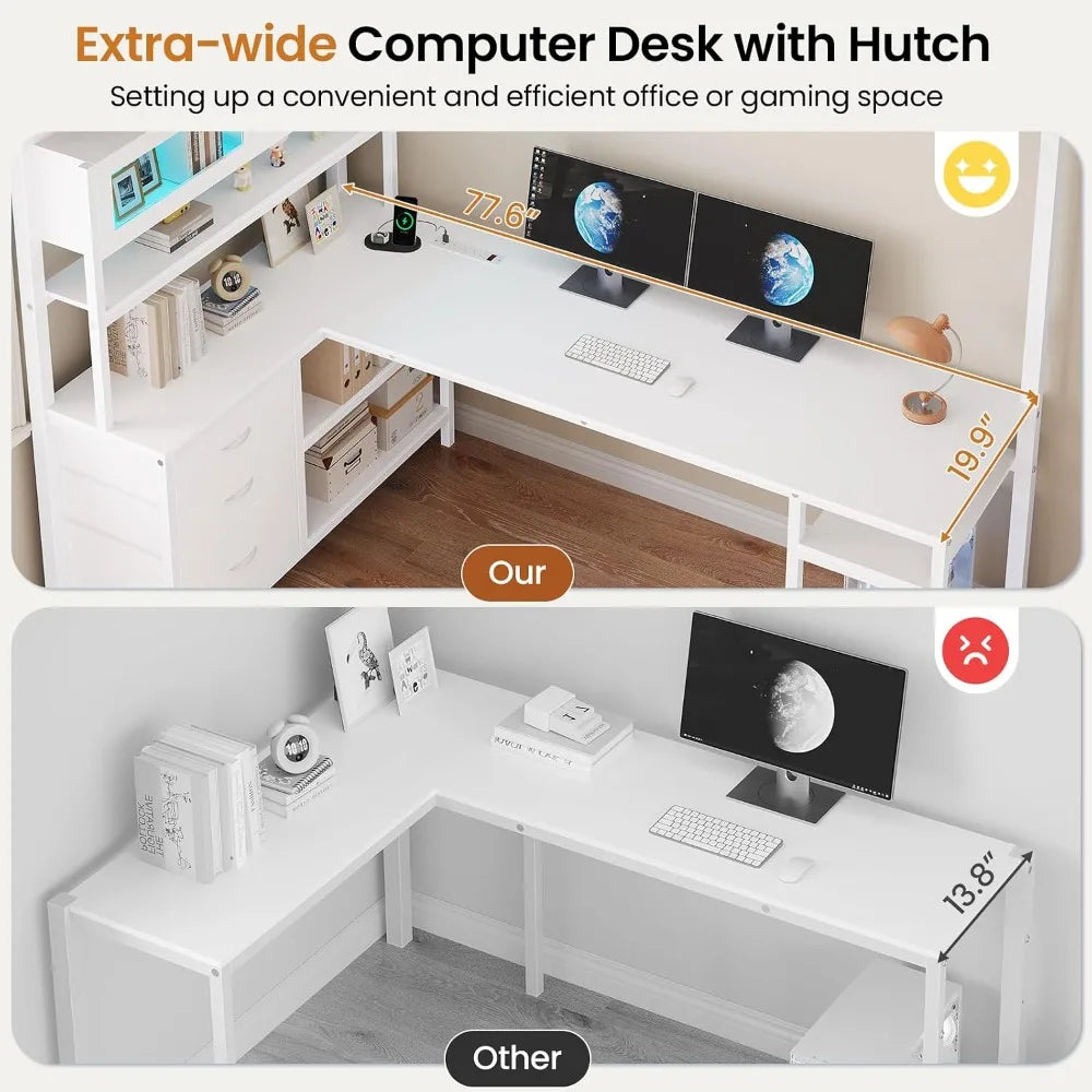Twin Loft Bed w/ L‑Desk, Bookshelf, LED, Charging Station & Guardrail — White