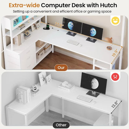 Twin Loft Bed w/ L‑Desk, Bookshelf, LED, Charging Station & Guardrail — White