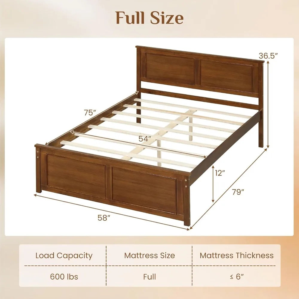 Wood Full Platform Bed with Headboard & Under‑Bed Storage