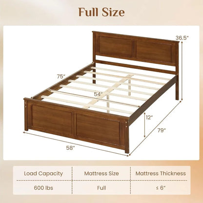 Wood Full Platform Bed with Headboard & Under‑Bed Storage
