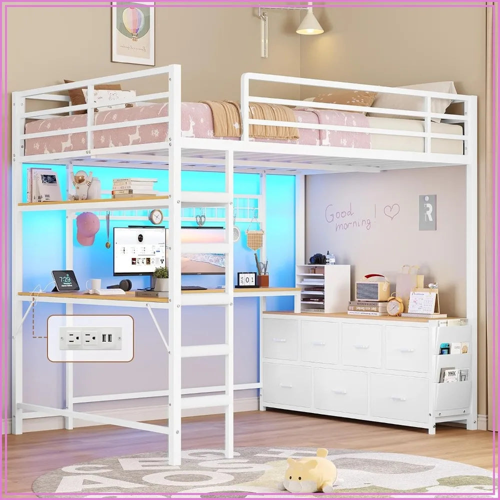 Full Loft Bed w/ U‑Desk, 7 Drawers, LED Lights & Charging Station — White