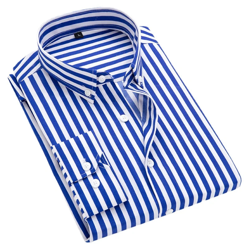 Men's Classic Striped Shirt, Single-breasted Long-sleeved Shirts Autumn New Men Top Red Blue Black Slim Version Male Chemise