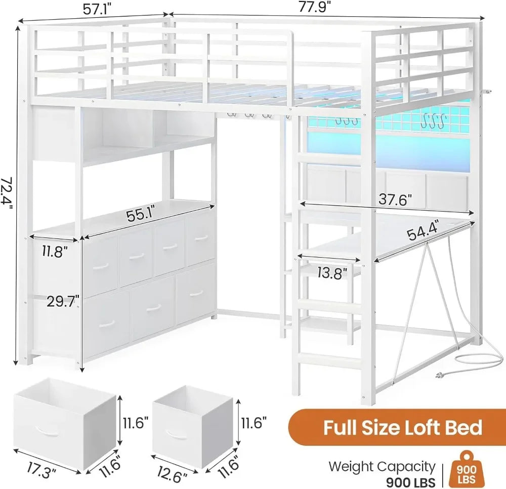 Full Loft Bed w/ L‑Desk, 7 Drawers, LED & USB — White