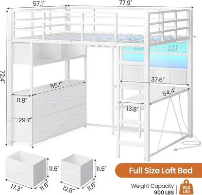 Full Loft Bed w/ L‑Desk, 7 Drawers, LED & USB — White