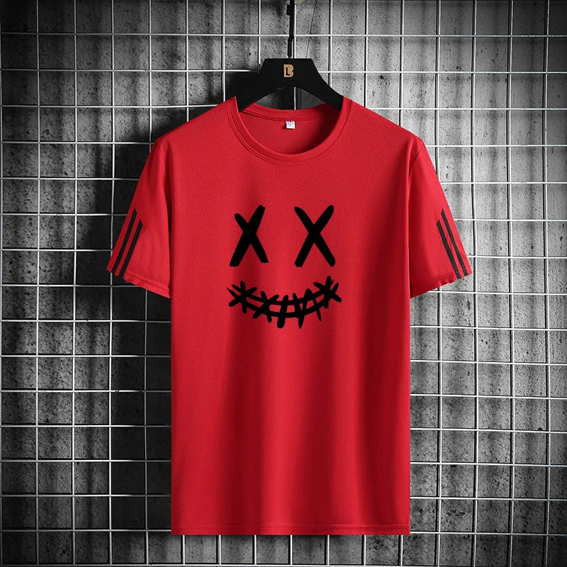 Three bar trendy men's printed sports set with smiling face pattern, mesh breathable round neck T-shirt, two-piece pants set new