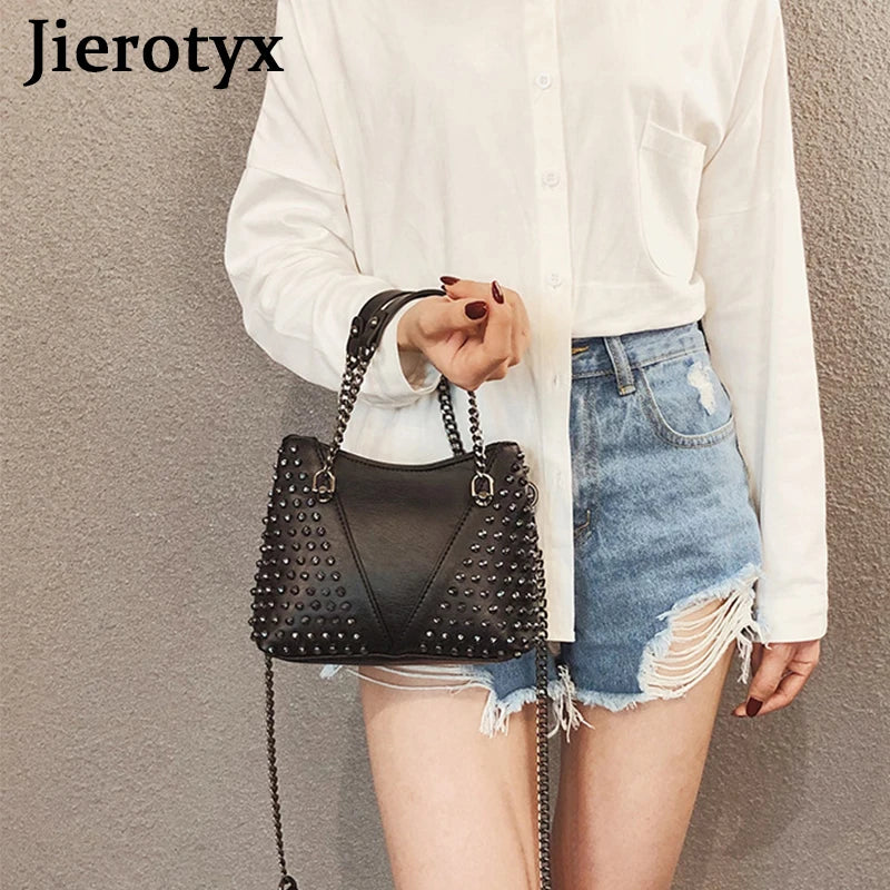 Studded Shoulder Bag Leather Punk Style Rock Rivet Crossbody Handbag Chain Wallet Purse