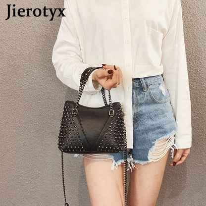 Studded Shoulder Bag Leather Punk Style Rock Rivet Crossbody Handbag Chain Wallet Purse