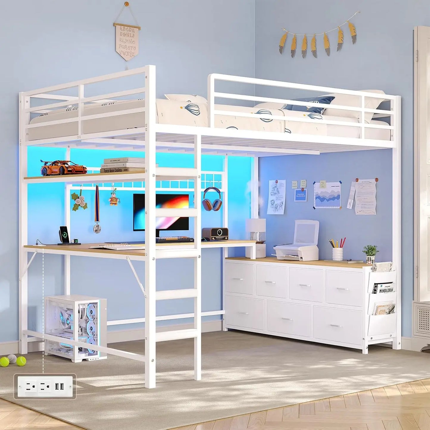 Full Loft Bed w/ U‑Desk, 7 Drawers, 2‑Tier Shelves & RGB LED — Customized