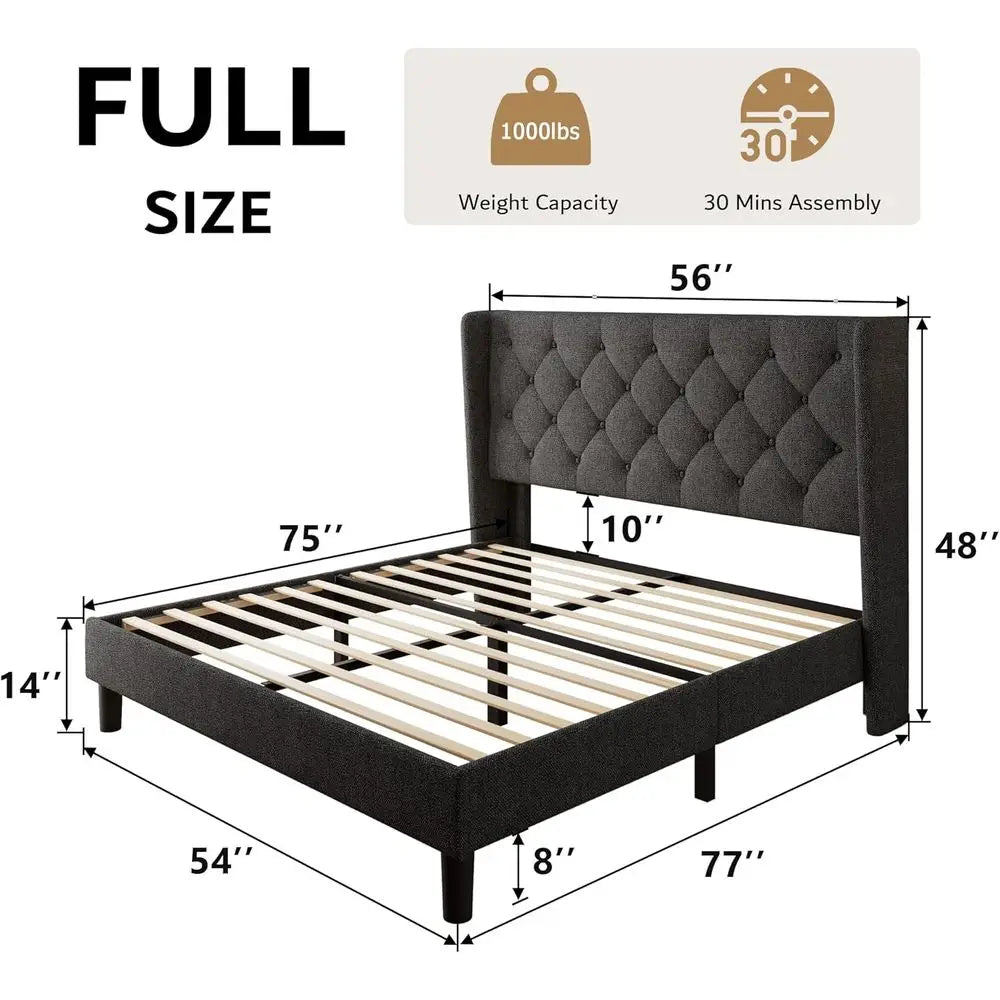 iPormis ull Size Platorm Bed e with Button Tuted board, Upholstered Bed e with Solid Wooden Slats, 8" Underbed Space, No Box Spr