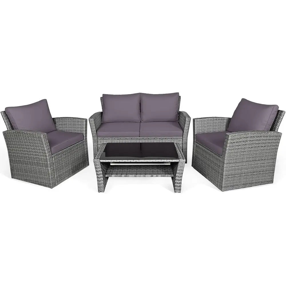 4‑Piece Patio Rattan Furniture Set with Glass Coffee Table