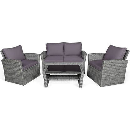 4‑Piece Patio Rattan Furniture Set with Glass Coffee Table