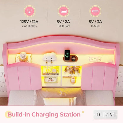 Twin LED Bed with Charging Station & Storage Headboard – Pink