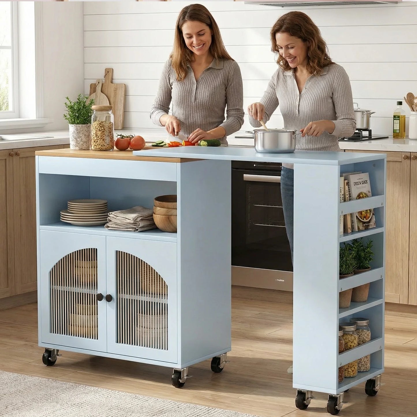 Kitchen Island Cart with Extendable Table, LED & Power Outlets