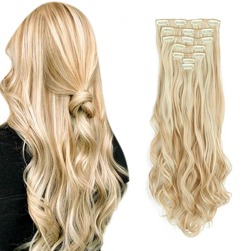 Clip In Hair Extensions 7 PCS Full Head 22-Inch-Long Curly Wavy Synthetic Hair Pieces