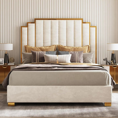 King Velvet Bed Frame with 65" Gold Trim Headboard – Black (Custom)