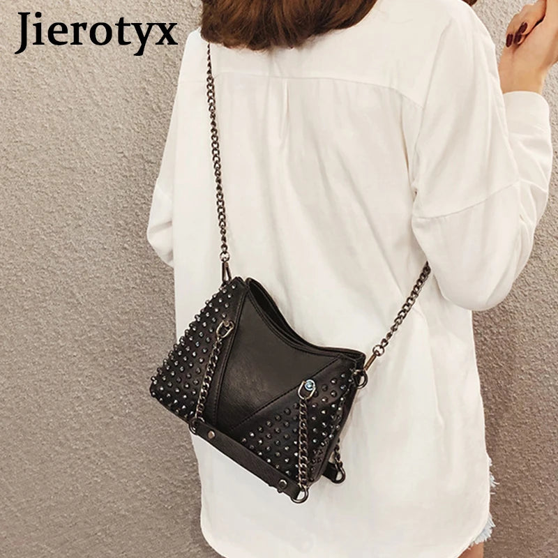 Studded Shoulder Bag Leather Punk Style Rock Rivet Crossbody Handbag Chain Wallet Purse