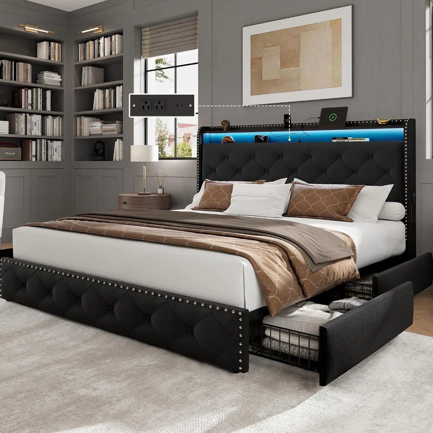 Queen Upholstered LED Platform Bed w/ 4 Storage Drawers