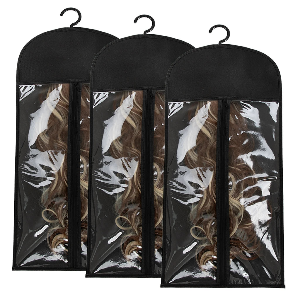 1/3pcs Premium Wig Storage Bags with Sturdy Metal Hangers - Black Transparent Design for Multiple Wigs & Hair Extensions