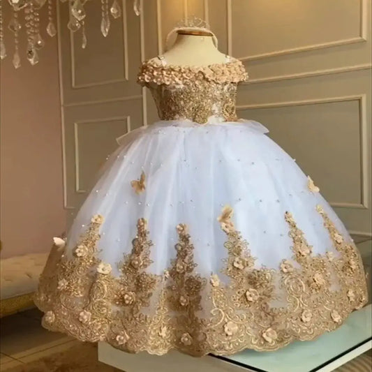 Baby Flower Girl Dresses Off-the-shoulder Pearls Gold appliqués Off Lace Butterflies Flower Princess Dress Infant First Birthday