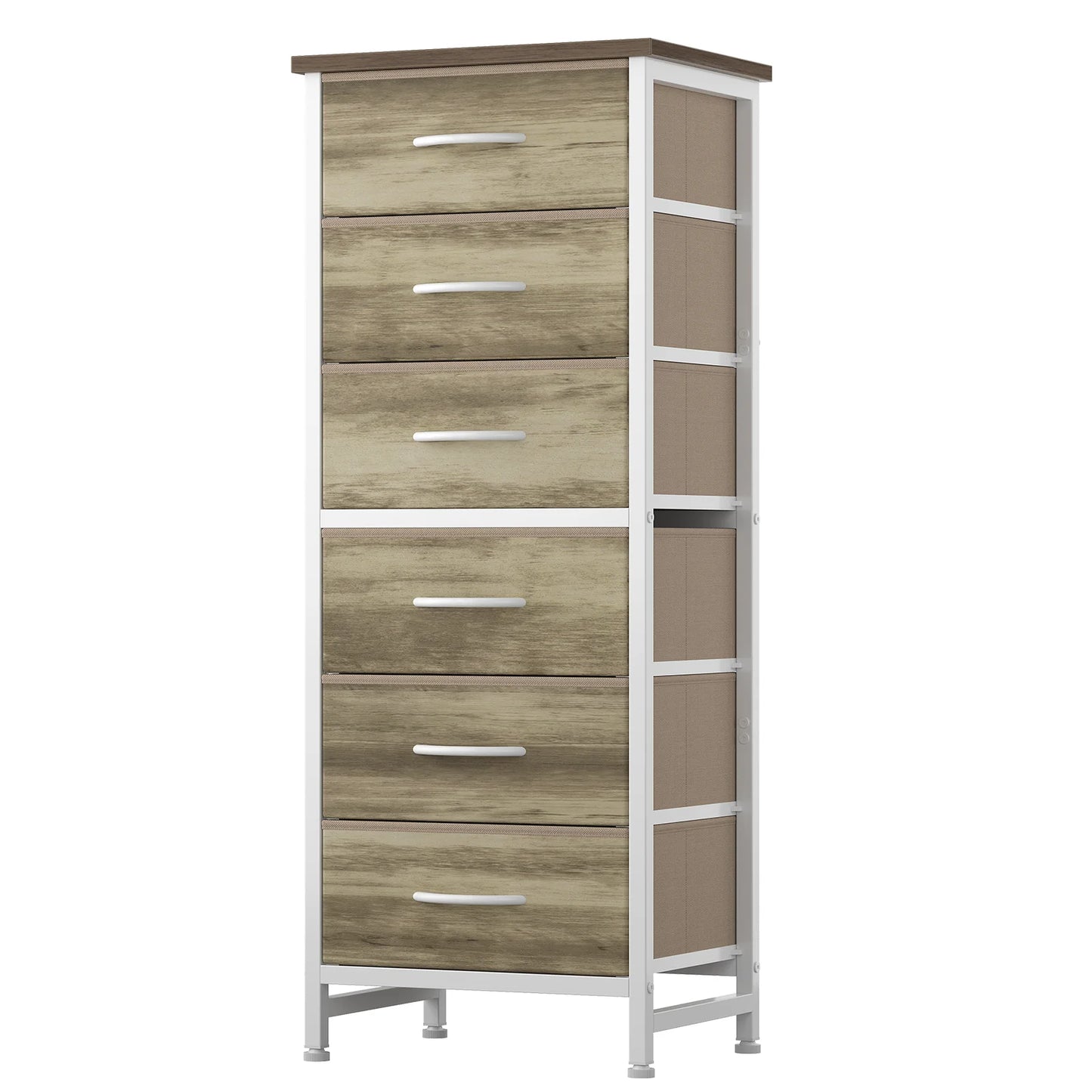 Tall 6‑Drawer Fabric Dresser with Wood Top & Metal Frame