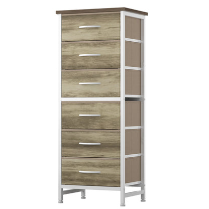 Tall 6‑Drawer Fabric Dresser with Wood Top & Metal Frame