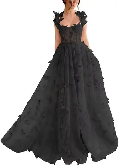 Elegant Corset Evening Gown with Tulle Skirt & 3D Butterfly Appliqués